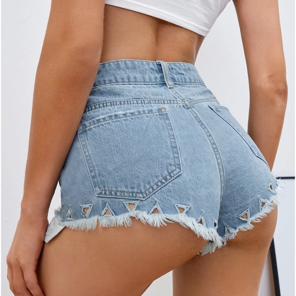 SHEIN Ripped Denim Short Shorts with Triangles